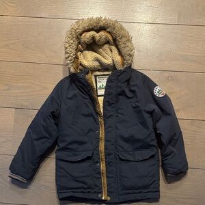 next Navy & Tan Hooded Puffer Coat with Faux Fur Trim